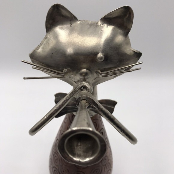 Pier 1 Carved Wood & Metal Cat Figurine Playing Trumpet Horn 10" - Picture 7 of 16